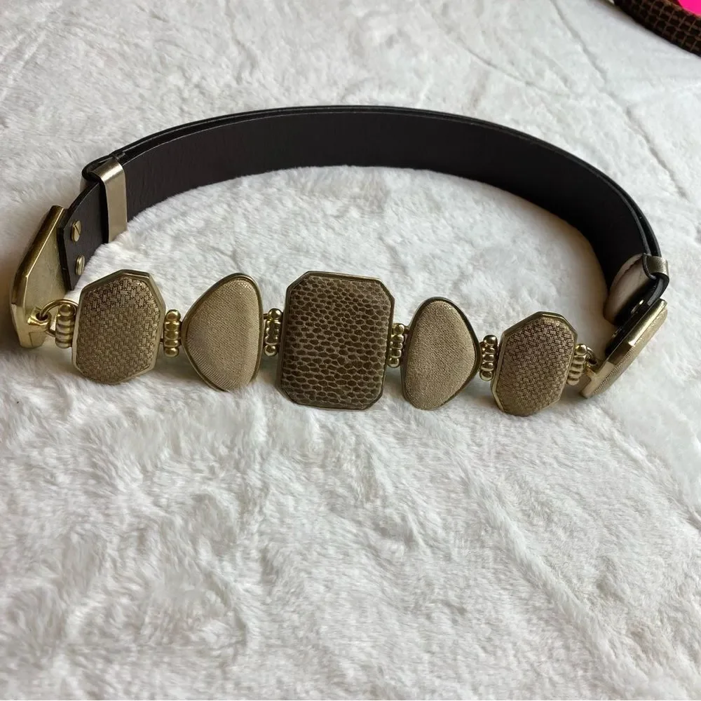 Chico's Gold Tone Leather Belt Back Slide Adjustable Front Hook Buckle Size M/L